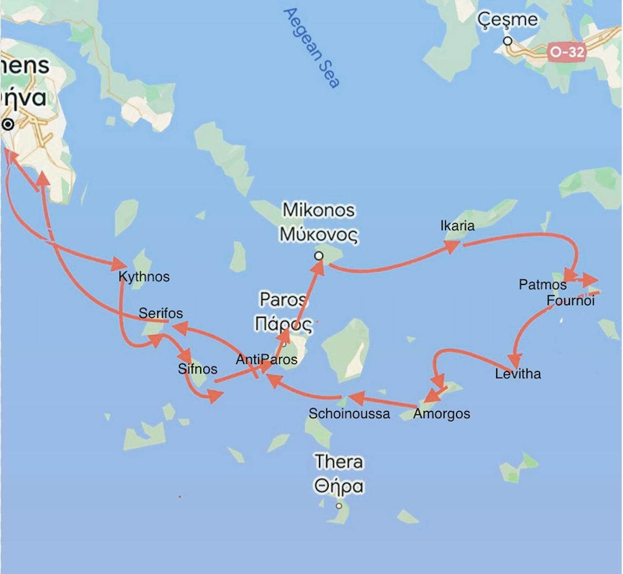 Map of Cyclades & Eastern Aegean route
