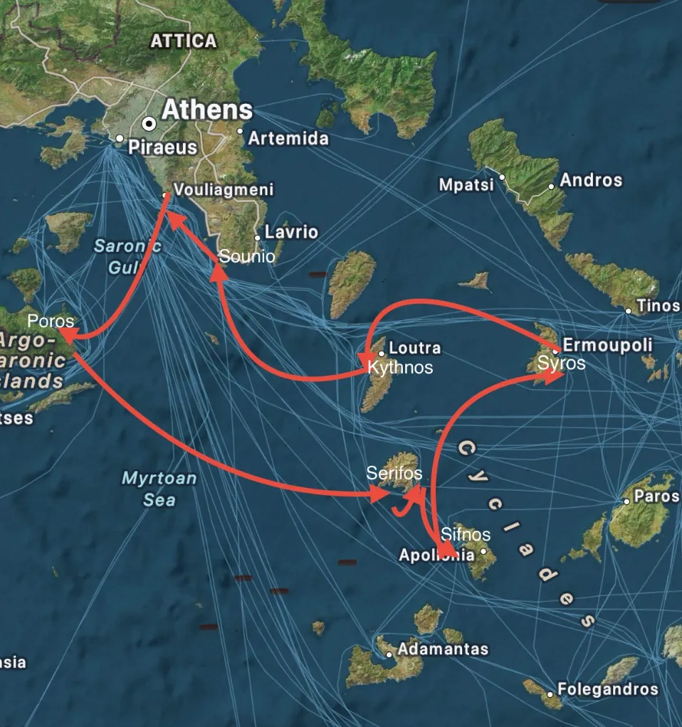 Map of Cyclades Sailing route